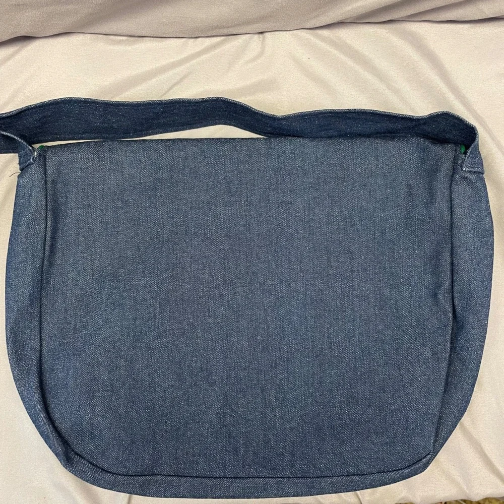 Unbranded Dark Wash Denim Messenger Bag Green Piping Y2K‎ Crossbody Large